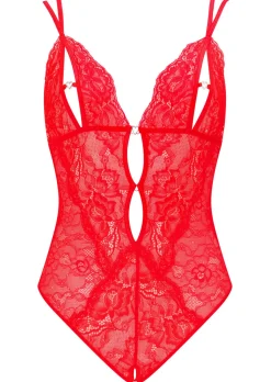 Diamond Heart Lace Peek-a-Boo Crotchless Lingerie Body - Red