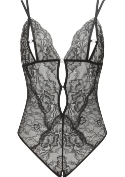 Diamond Heart Lace Peek-a-Boo Crotchless Lingerie Body - Black