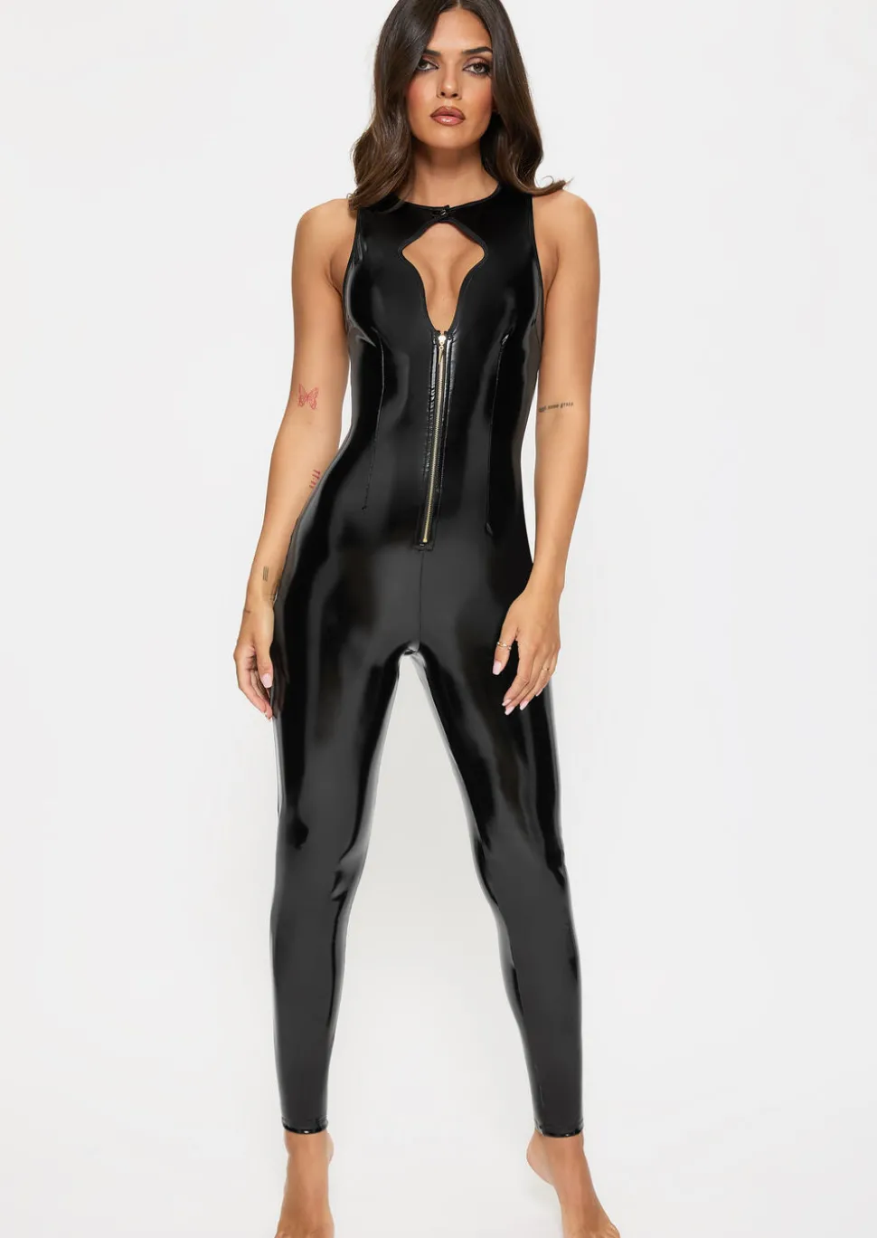 Dominating PU Keyhole Cut-Out Jumpsuit - Black