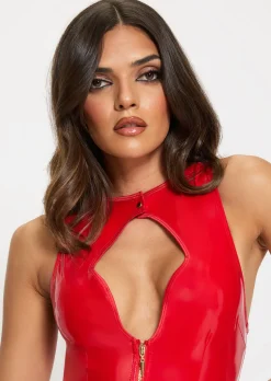 Dominating PU Keyhole Cut-Out Jumpsuit - Red
