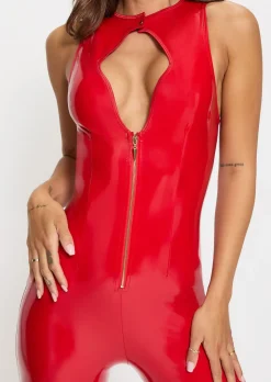 Dominating PU Keyhole Cut-Out Jumpsuit - Red