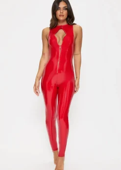Dominating PU Keyhole Cut-Out Jumpsuit - Red