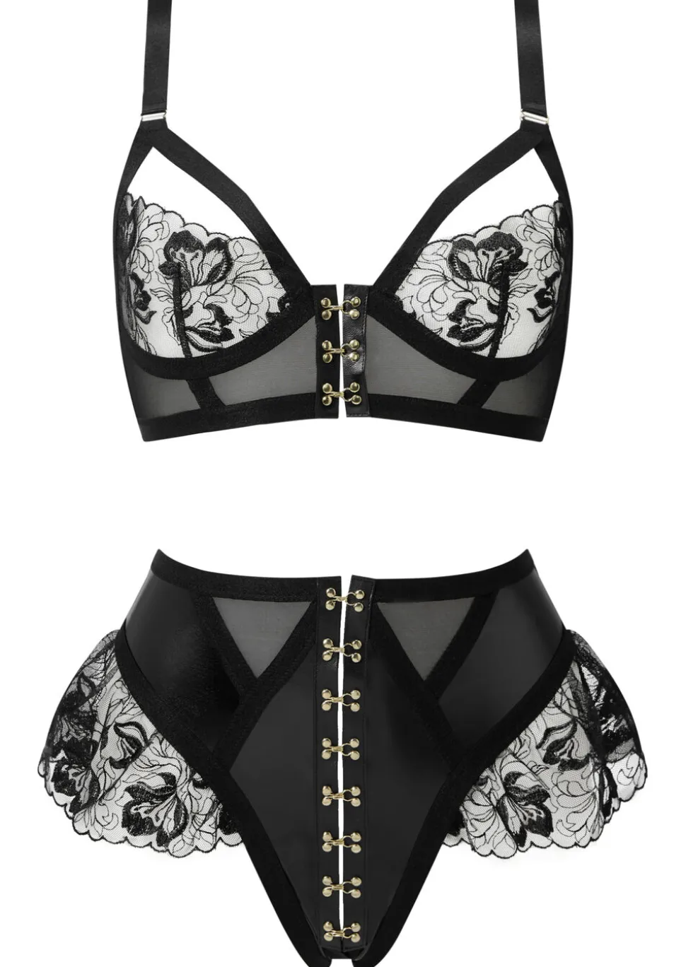 Ecstatic PU & Lace Crotchless 2 Piece Lingerie Set - Black