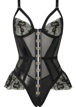 Ecstatic PU & Lace Crotchless Teddy Lingerie - Black