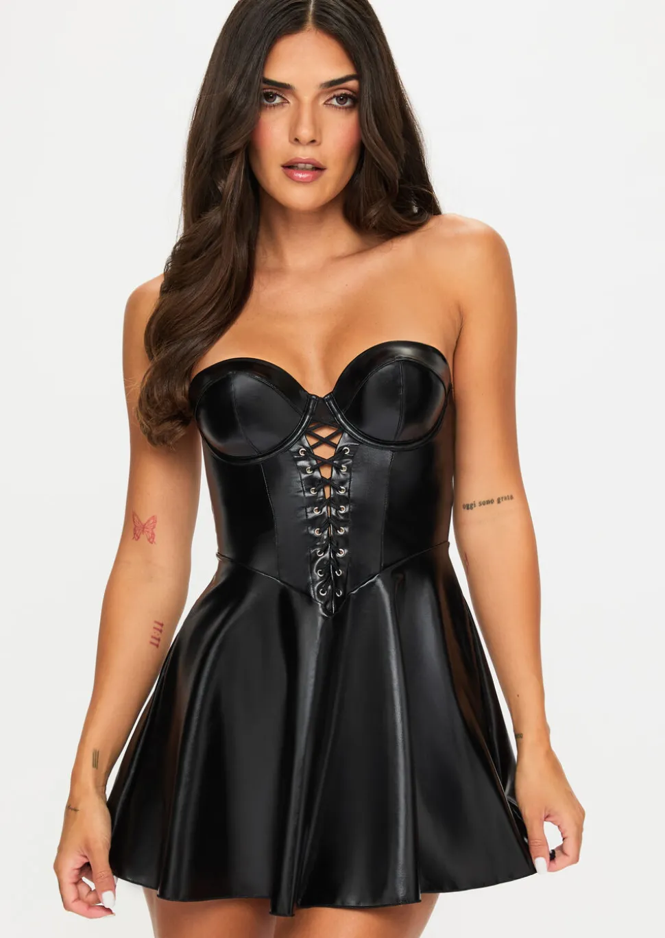 Electra PU Lace Up Detail Skater Dress - Black