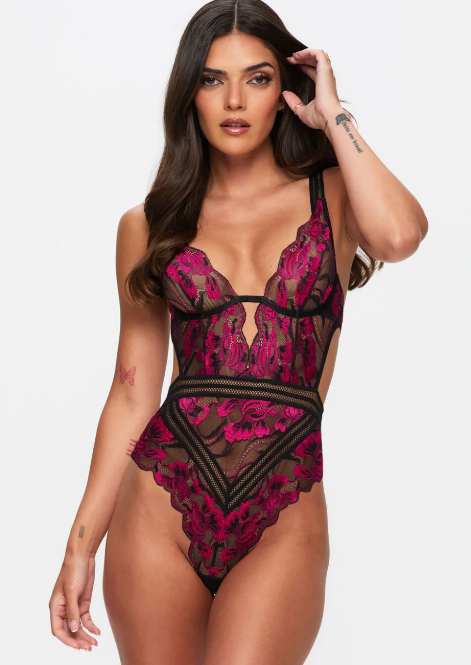 Embracing Lace Open Back Lingerie Body - Black/Pink