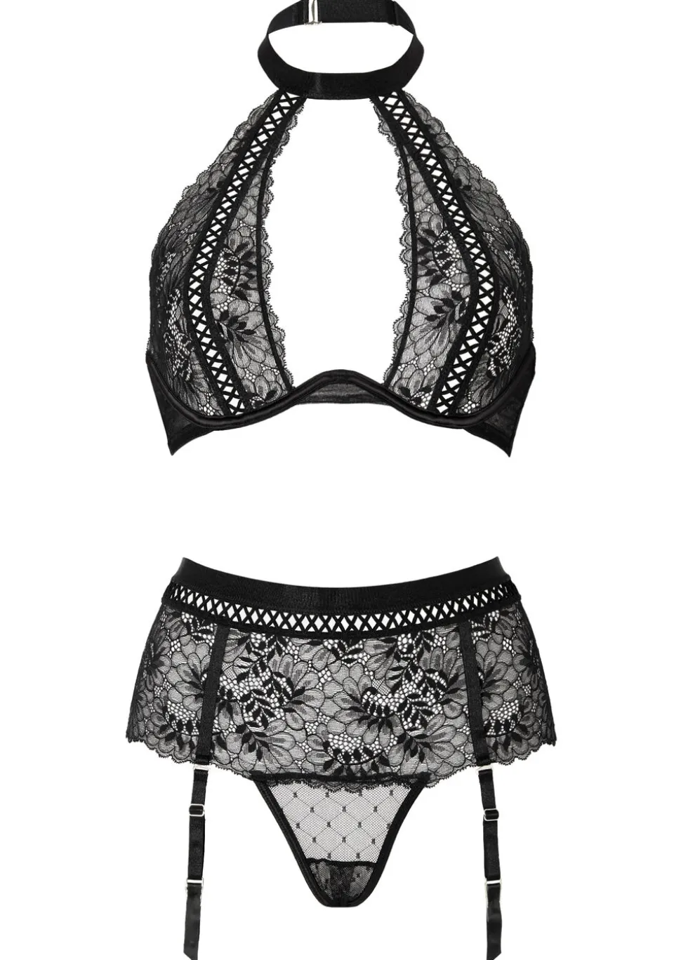 Entice Me Lace Crotchless Lingerie 2 Piece Set - Black