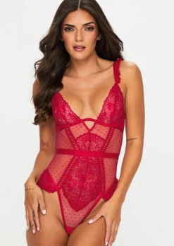 Entice Me Lace Crotchless Teddy Lingerie - Red