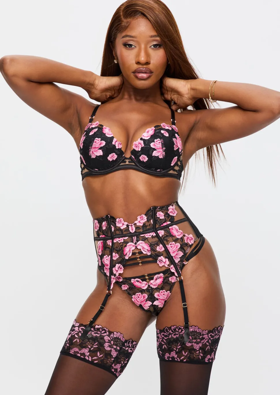 Everlasting Love Lace Padded Plunge Bra - Black/Pink