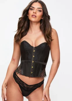 Everlasting Satin Lace Up Boned Corset Top - Black
