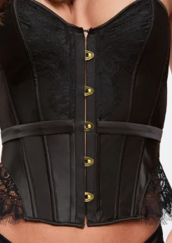 Everlasting Satin Lace Up Boned Corset Top - Black