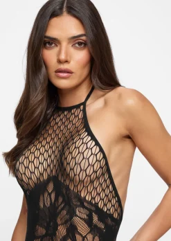 Exhilarate Me Fishnet Lace Crotchless Lingerie Body - Black