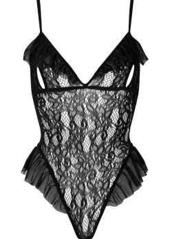Extravaganza Floral Lace Crotchless Teddy Lingerie - Black