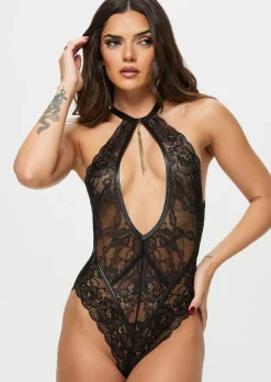 Fascinate Lace Keyhole Crotchless Lingerie Body - Black