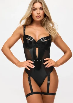 Fierce Envy PU Padded Underwired Crotchless Body - Black