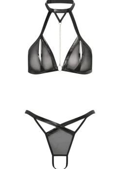 Fierce Obsession PU Crotchless Lingerie 2 Piece Set - Black