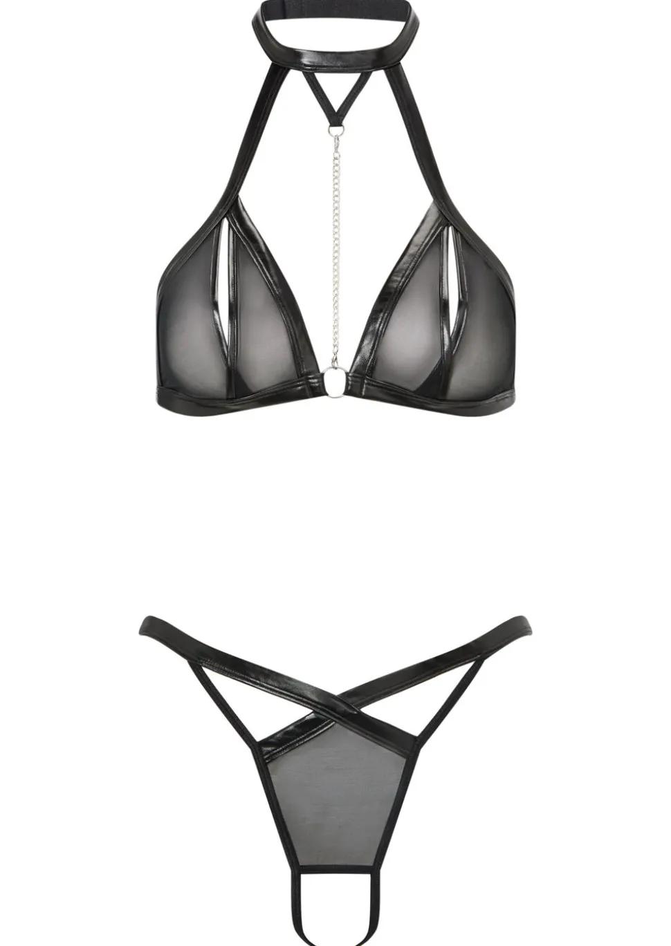 Fierce Obsession PU Crotchless Lingerie 2 Piece Set - Black