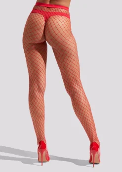 Fishnet High Waisted Tights - Red