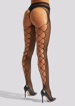 Fishnet Lace Up Detail Crotchless Tights - Black
