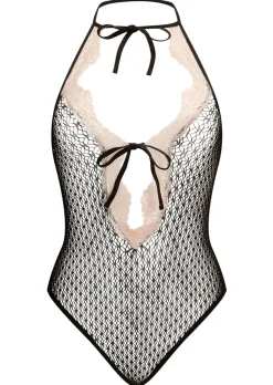 Flirty Finesse Fishnet Crotchless Lingerie Body - Black/Pink