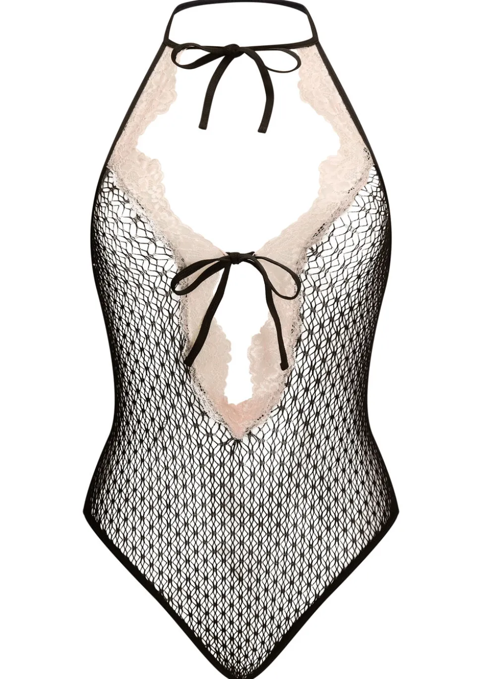Flirty Finesse Fishnet Crotchless Lingerie Body - Black/Pink