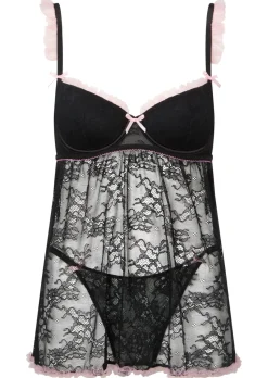 Frill Seeker Lace Crotchless Babydoll Lingerie 2 Piece Set - Black/Pink