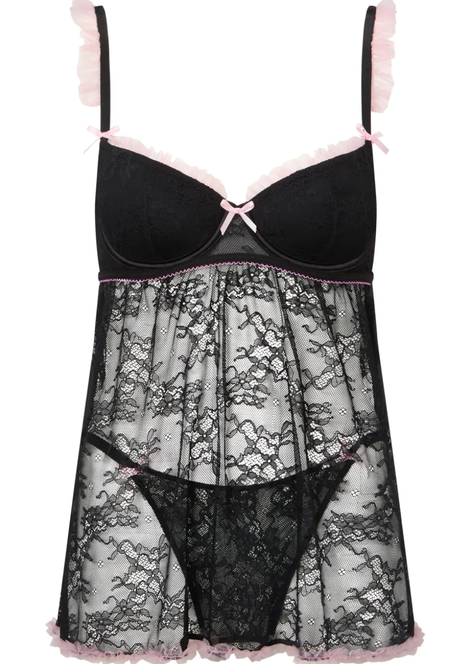 Frill Seeker Lace Crotchless Babydoll Lingerie 2 Piece Set - Black/Pink