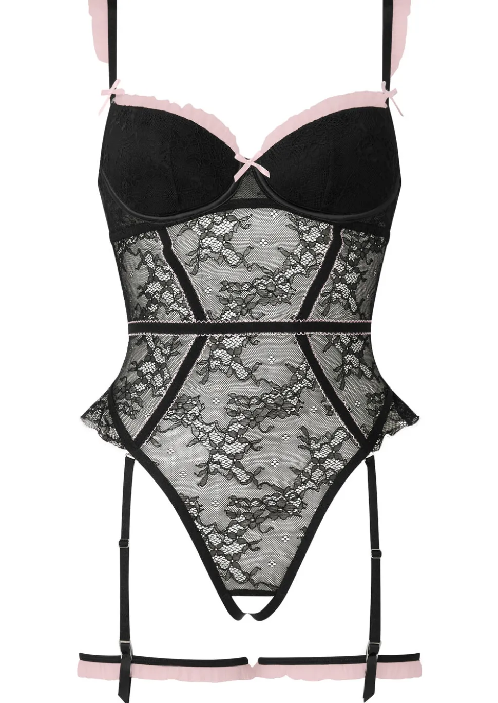 Frill Seeker Lace Padded Crotchless Lingerie Body - Black/Pink