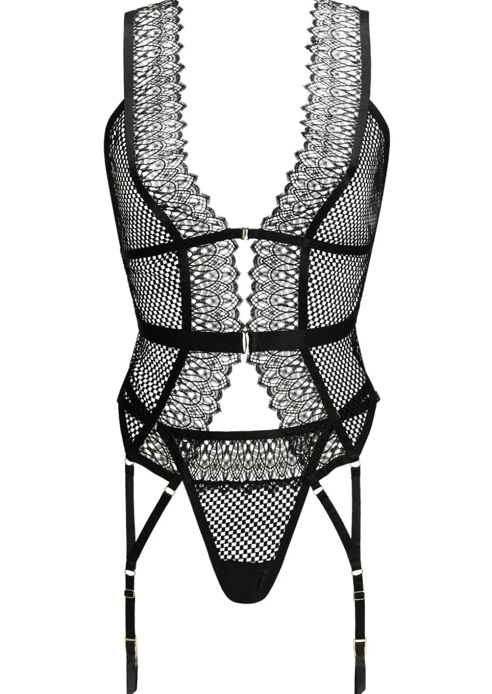 Hailey Crotchless Cami Suspender Lingerie 2 Piece Set - Black