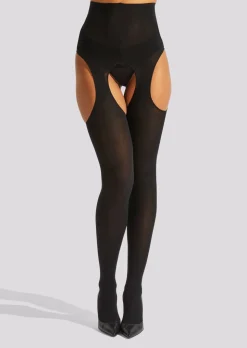 High Waisted Glossy Crotchless Tights - Black
