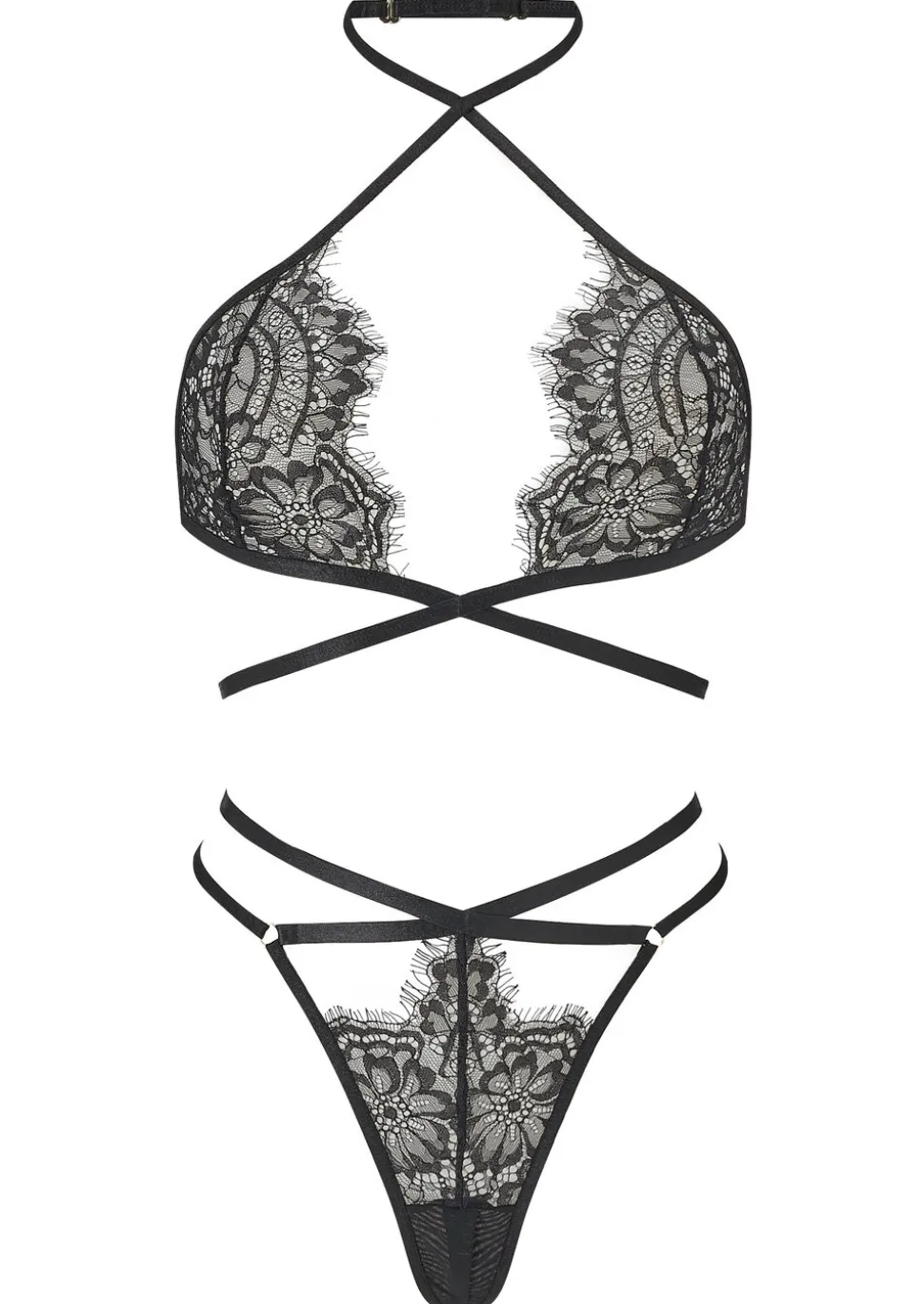 Infinite Crotchless Lace Lingerie 2 Piece Set - Black
