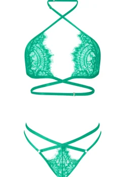 Infinite Lace Crotchless Lingerie 2 Piece Set - Green