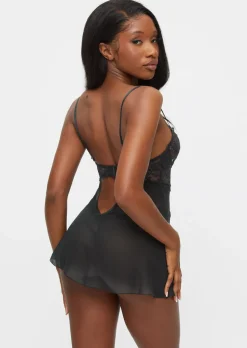 Iris Lace Underwired Babydoll Lingerie 2 Piece Set - Black