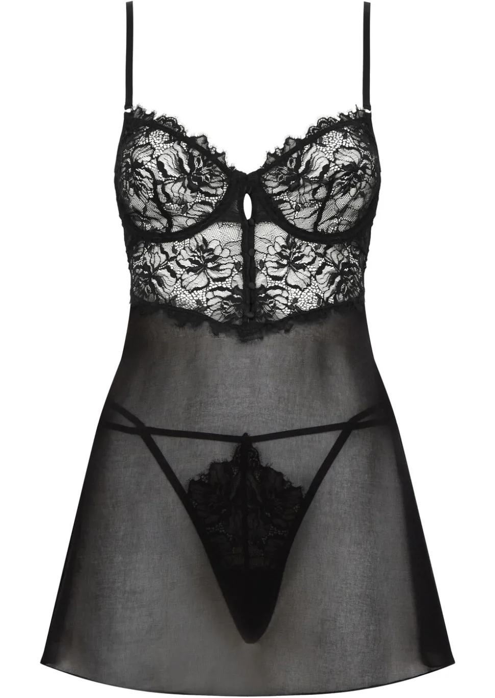 Iris Lace Underwired Babydoll Lingerie 2 Piece Set - Black