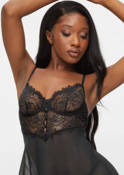 Iris Lace Underwired Babydoll Lingerie 2 Piece Set - Black