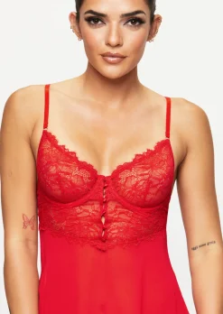 Iris Lace Underwired Babydoll Lingerie 2 Piece Set - Red