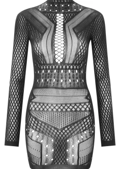 Janelle Lace Mini Fishnet Dress - Black