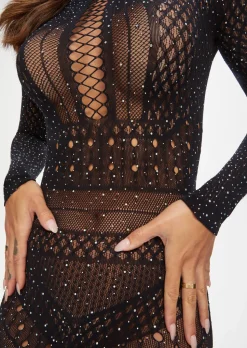 Jewelled Janelle Mini Fishnet Dress - Black