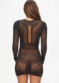 Jewelled Janelle Mini Fishnet Dress - Black