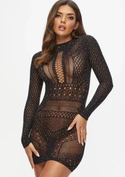 Jewelled Janelle Mini Fishnet Dress - Black