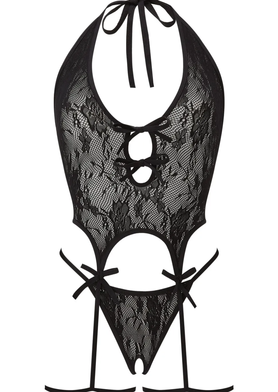 Kourtney Lace Crotchless Cami Suspender 2 Piece Set - Black
