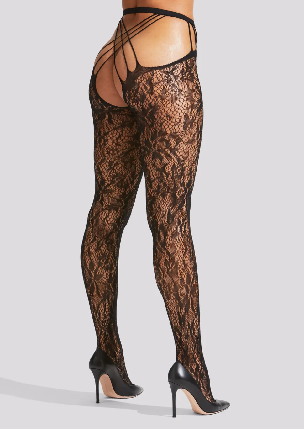 Lace Strappy Crotchless Tights - Black