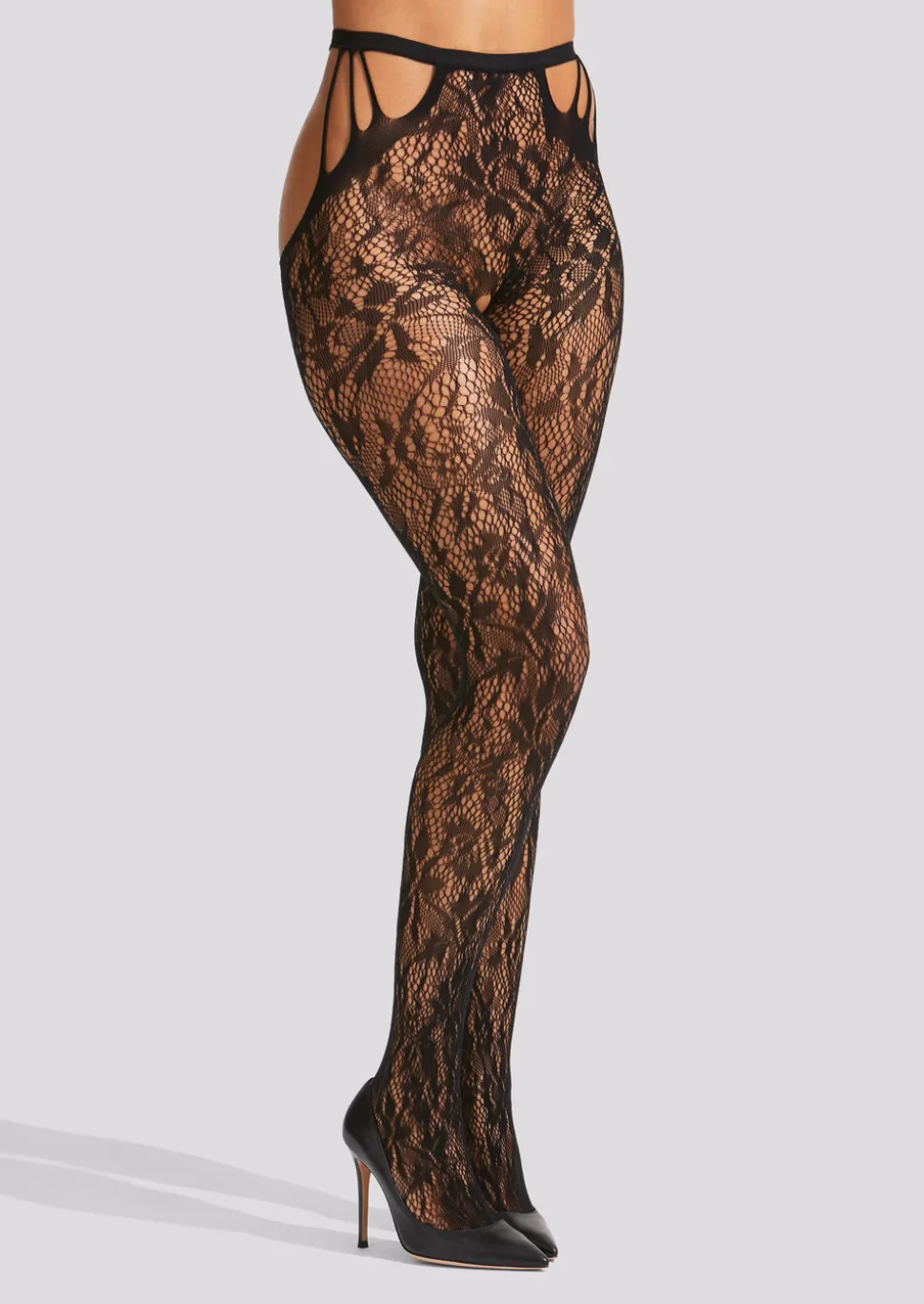 Lace Strappy Crotchless Tights - Black