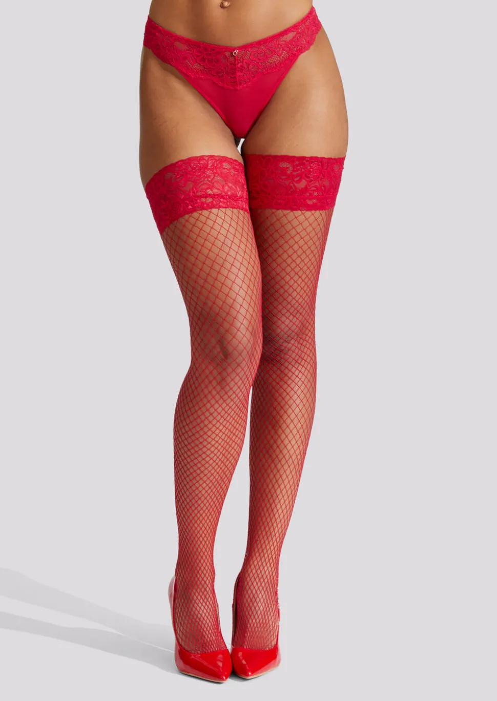 Lace Top Fishnet Hold Ups - Red