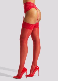 Lace Top Glossy Stockings - Red