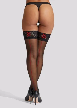 Lace Top Seamed Glossy Hold Ups - Black/Red