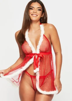 Let It Snow Christmas Babydoll Lingerie 2 Piece Set - Red