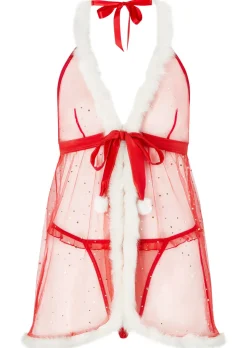 Let It Snow Christmas Babydoll Lingerie 2 Piece Set - Red