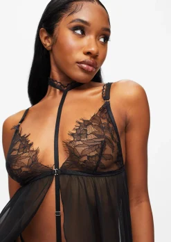 Loveable Touch Lace Crotchless Babydoll Lingerie 2 Piece Set - Black