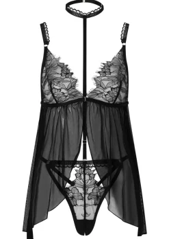 Loveable Touch Lace Crotchless Babydoll Lingerie 2 Piece Set - Black